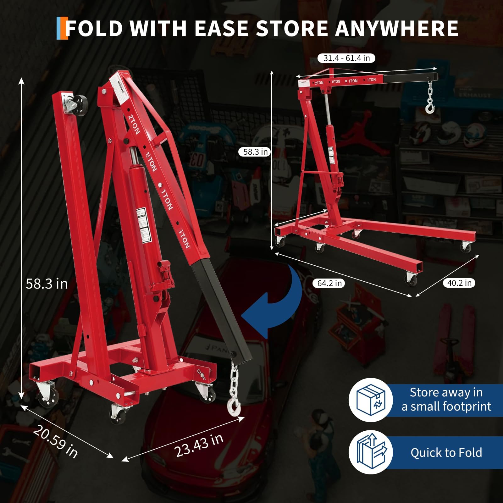 Folding hydraulic engine hoist showing compact storage dimensions