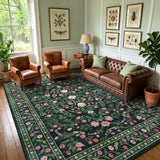 Garvee Washable Floral Area Rug for Living Room – Soft Low Pile Non-Slip Carpet – Comfortable Bedroom & Dining Room Rug – Dark Green – 5x7ft (152x213cm), United States - Black