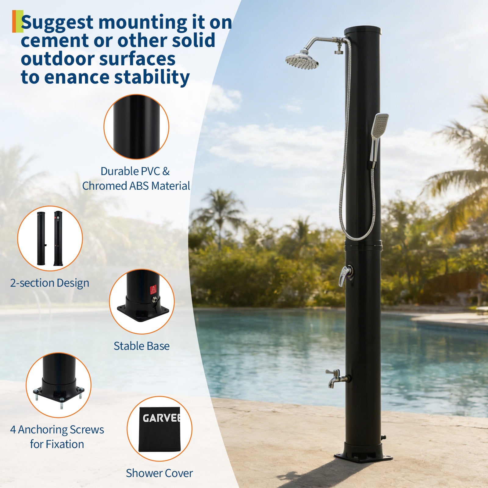 Round solar outdoor shower showing PVC construction two section design stable base and anchoring screws