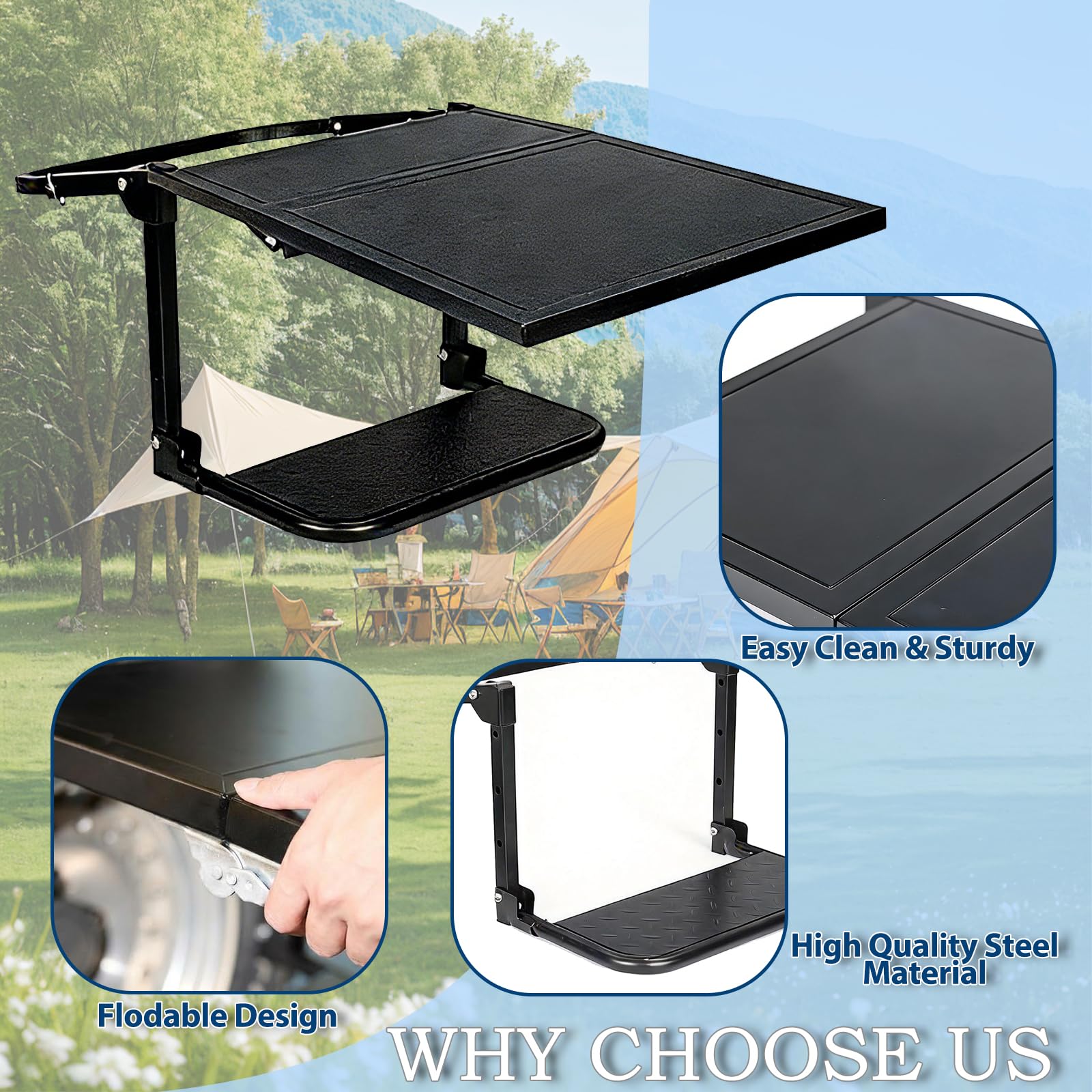 Garvee tire step showing sturdy steel material and foldable design