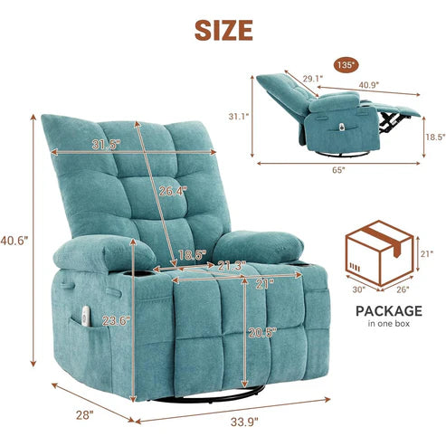 Garvee Swivel Recliner Chair with Massage & Heat for Elderly Adults, Ergonomic Lounge Single Sofa, Manual Recliner with Overstuffed Cushion, Side Pocket, Cup Holders for Living Room, Bedroom, Blue