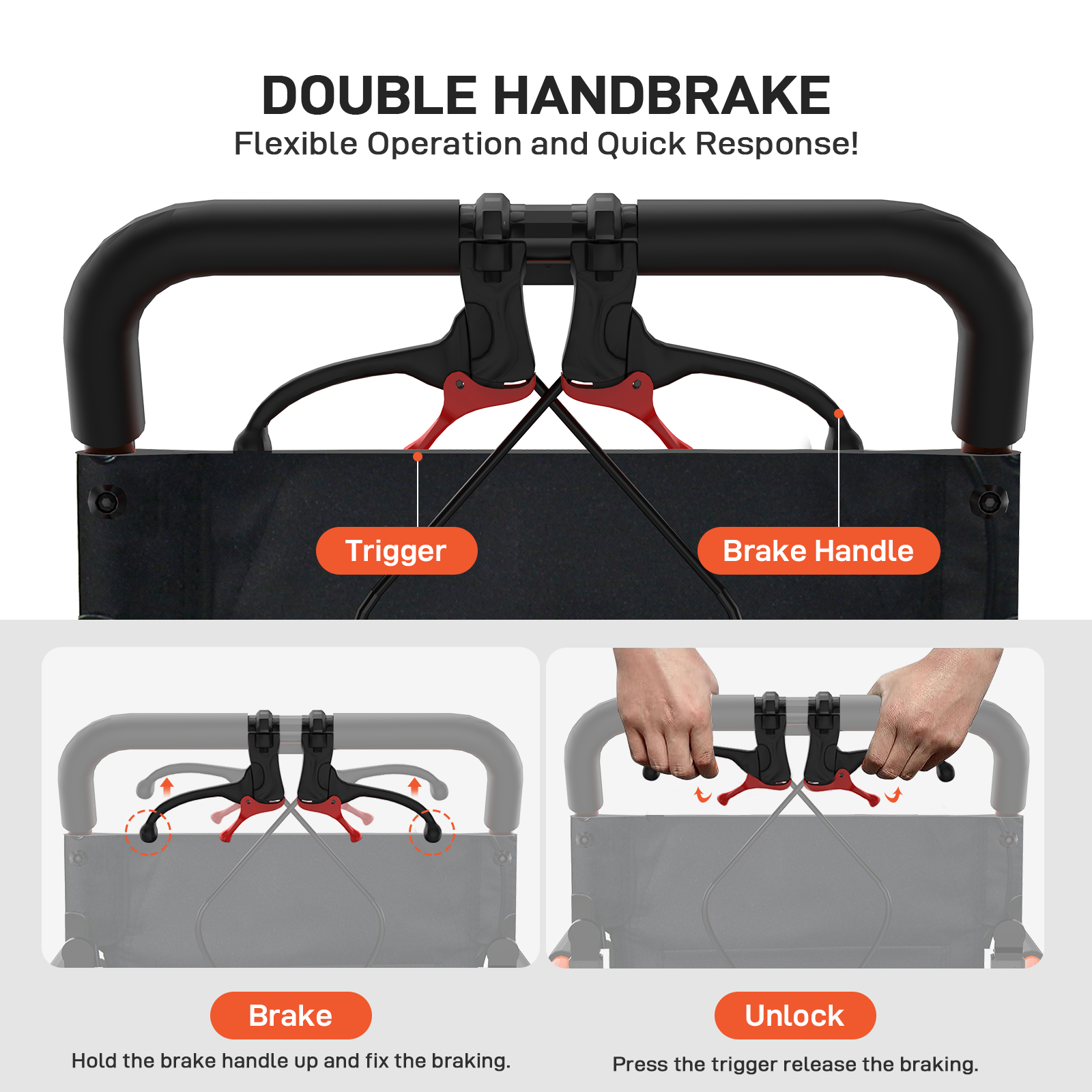 Caregiver locking handbrake controls on a black and orange transport chair