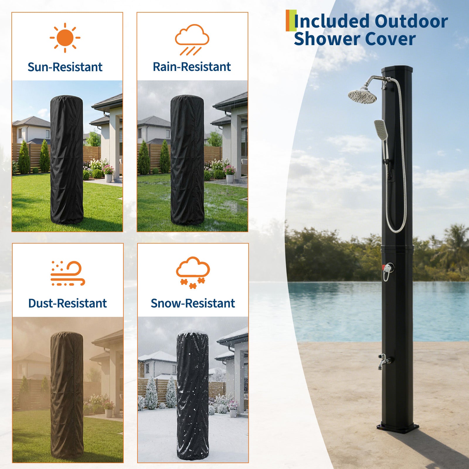 Protective cover fitted over the 35L outdoor shower in sun rain dust and snow conditions