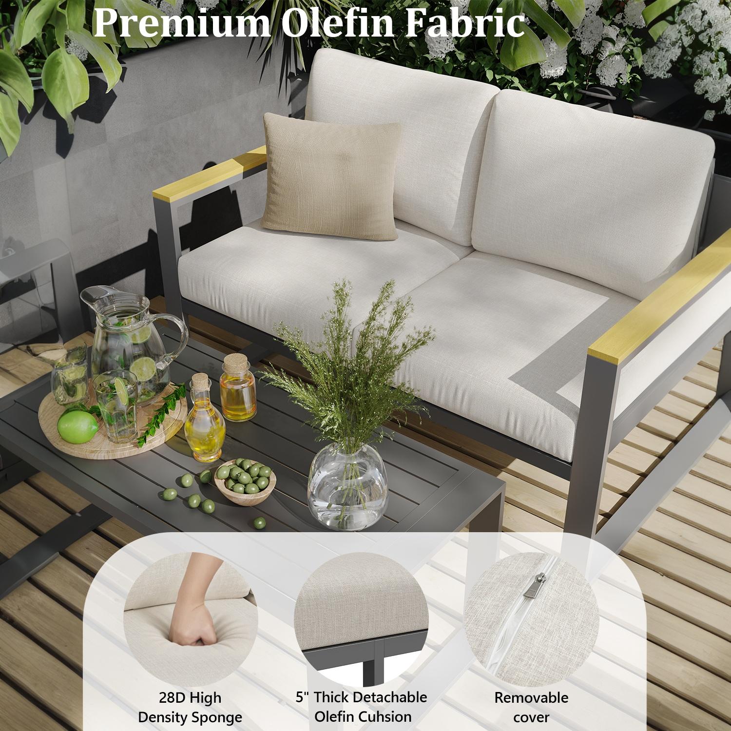 Beige Olefin patio cushions with dense sponge and removable covers