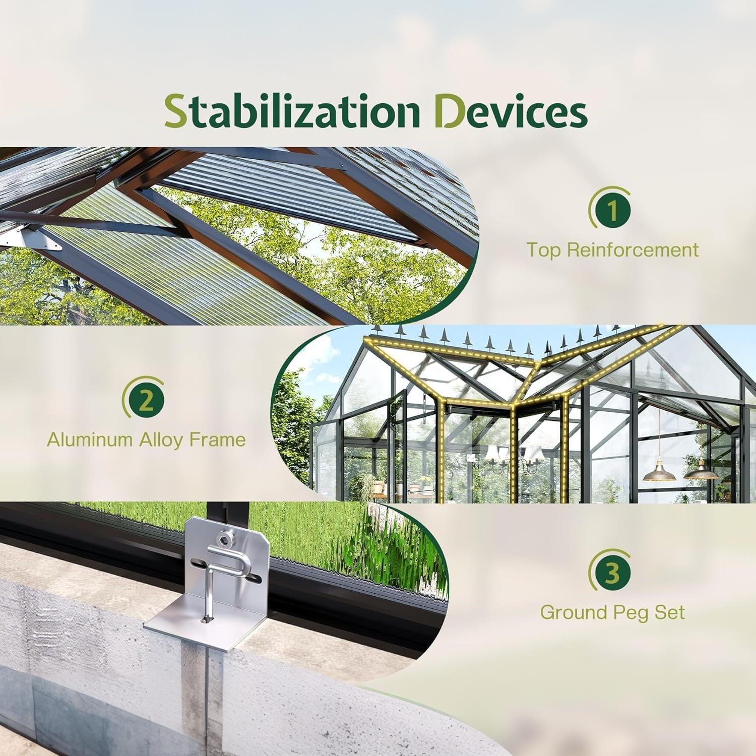 Greenhouse stabilization devices aluminum frame and ground peg set