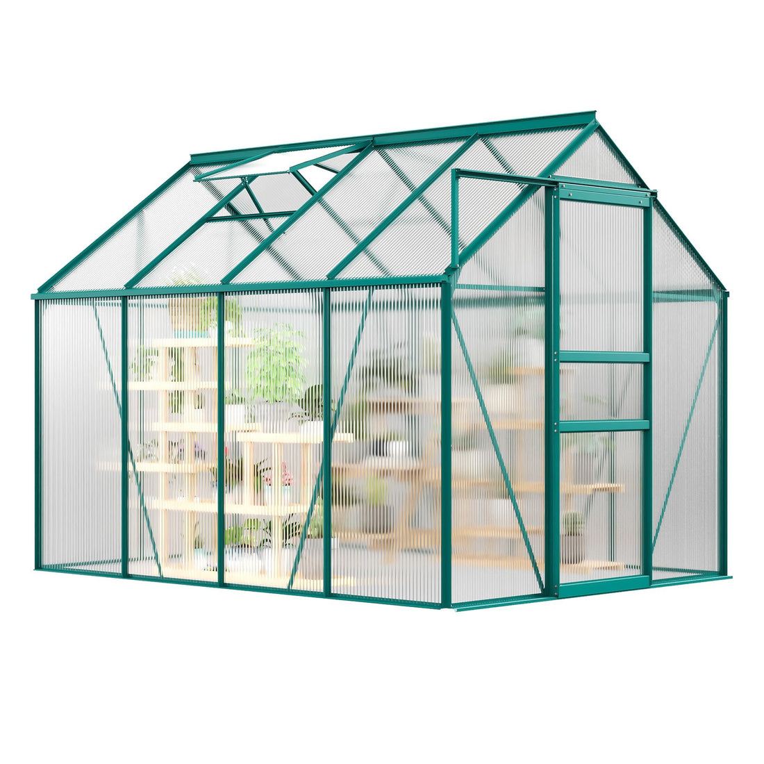 Garvee 6 x 8 FT Outdoor Greenhouse Polycarbonate Aluminum Frame Sliding Door Adjustable Roof Vent Backyard Green