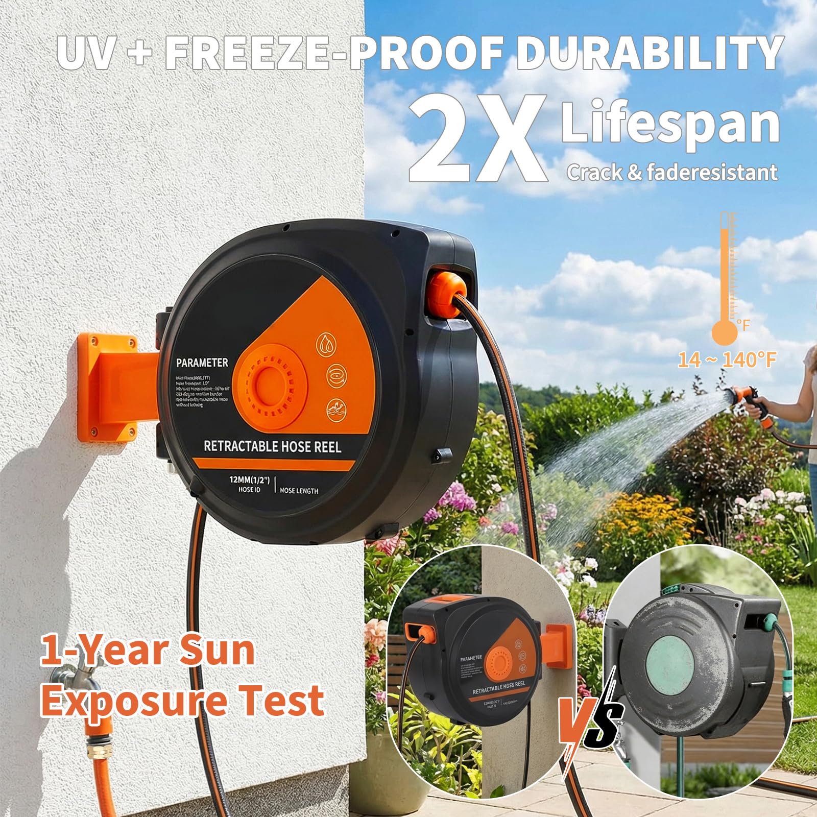 UV and freeze proof retractable garden hose reel