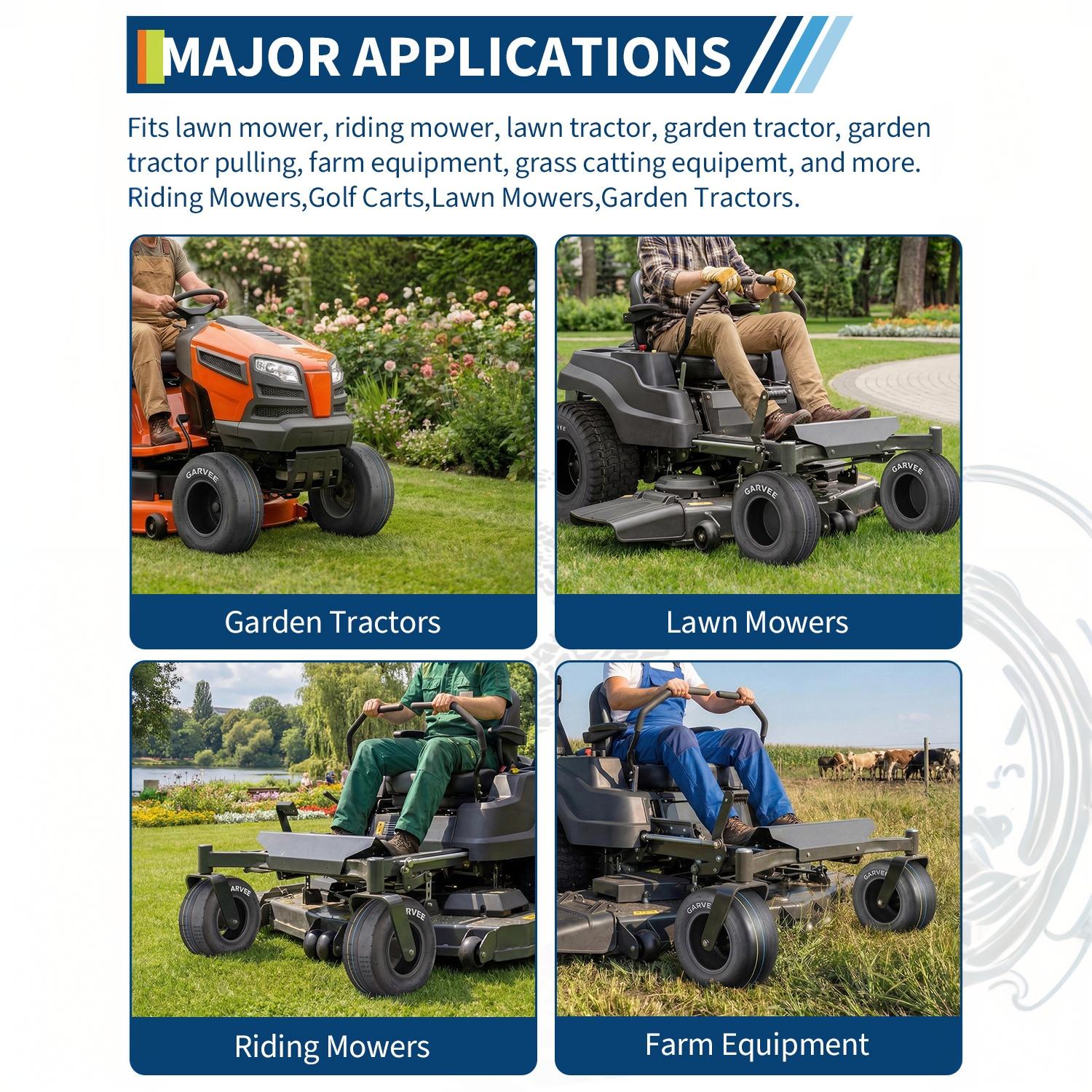 Square application graphic showing lawn mowers, riding mowers, tractors, and farm equipment