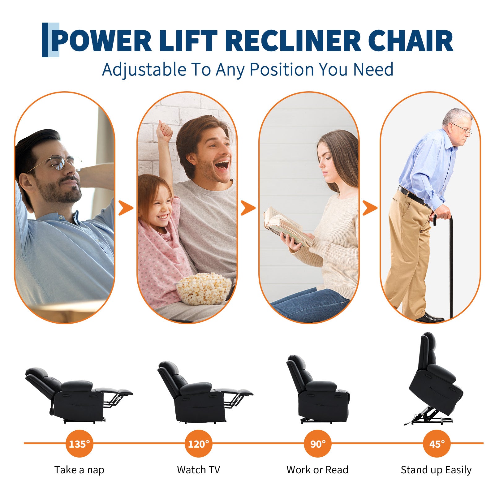 Fauteuil inclinable électrique Garvee Power Lift pour personnes âgées avec massage et chauffage lombaire, fauteuil inclinable simple électrique en cuir PU avec poches latérales, 2 porte-gobelets pour personnes à mobilité réduite, noir