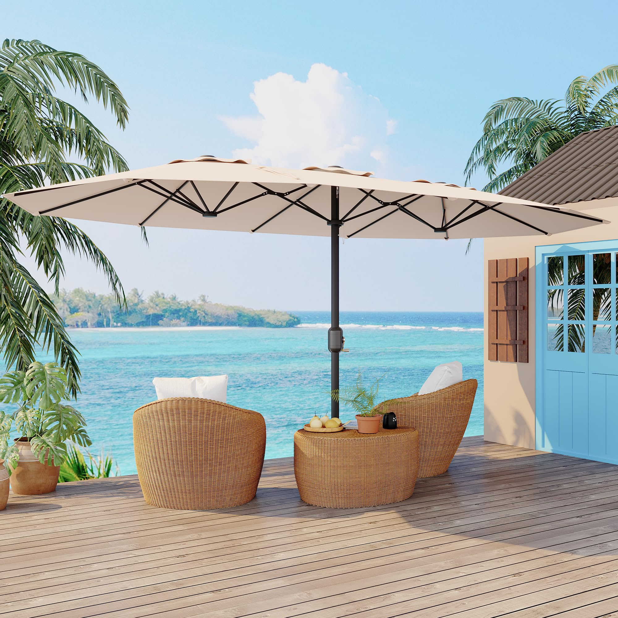 9x15 patio umbrella Garvee Oversized Double-Sided Shade 15FT Rectangular Patio Umbrella with  Base for Backyard Lawn Poolside Khaki