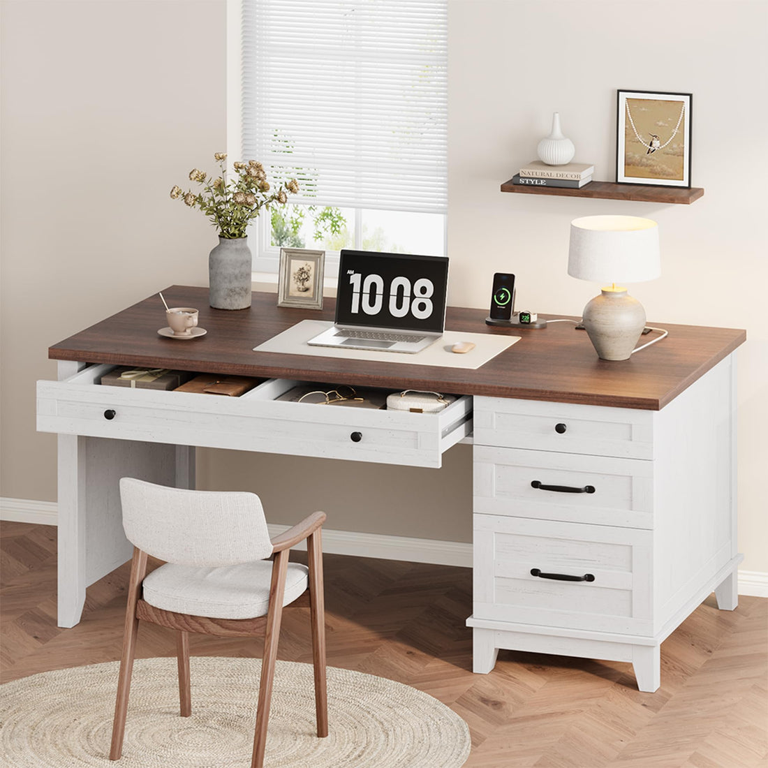 Bureau de direction Garvee avec tiroirs, bureau de télétravail style ferme avec station de recharge, 136 cm, Noyer blanc