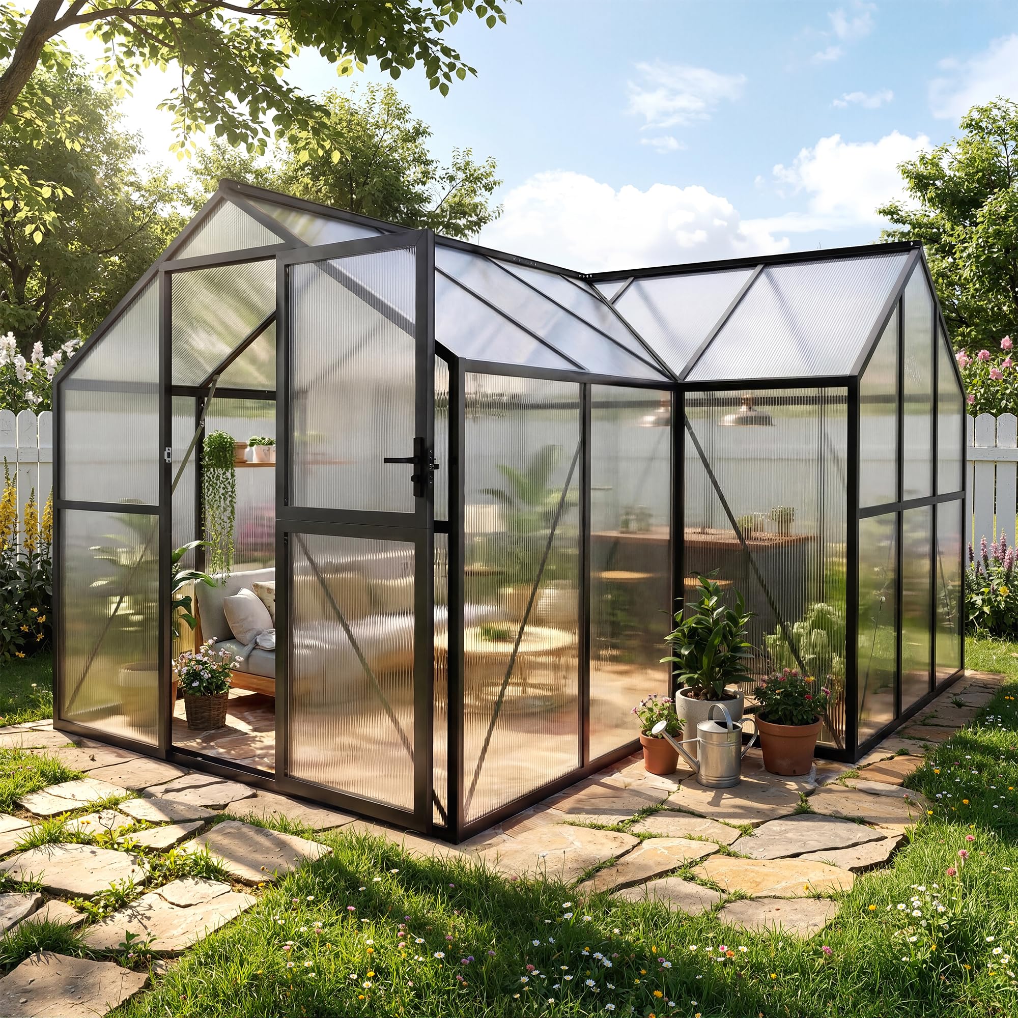 Black 12x12 FT T-shaped walk-in greenhouse in a backyard garden