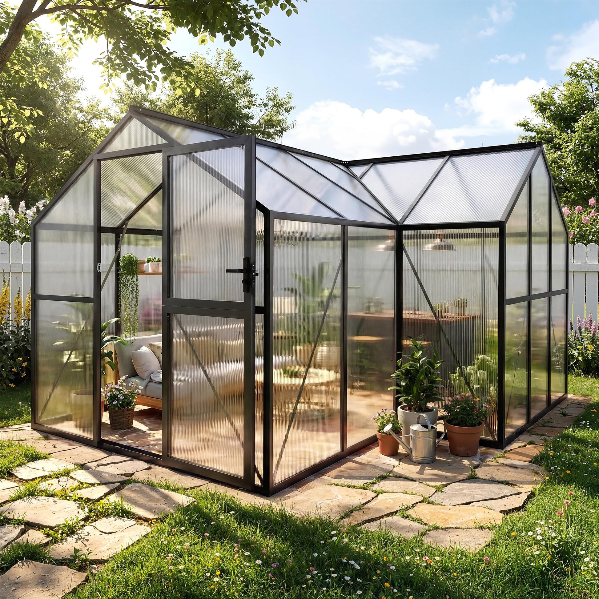 Garvee T-shaped walk-in greenhouse in a backyard garden