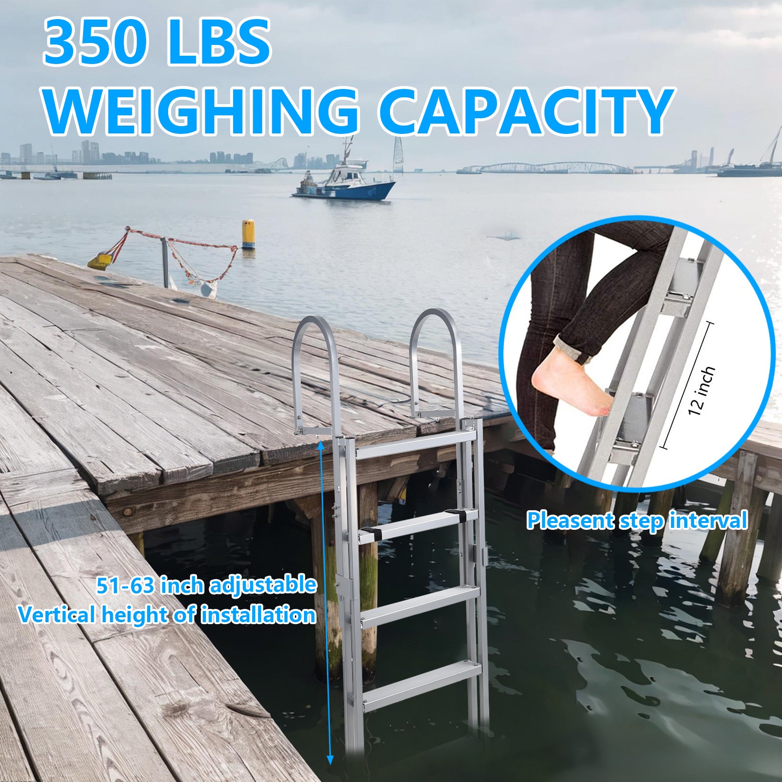 Garvee telescopic dock ladder 350 lbs capacity and 12 inch step interval