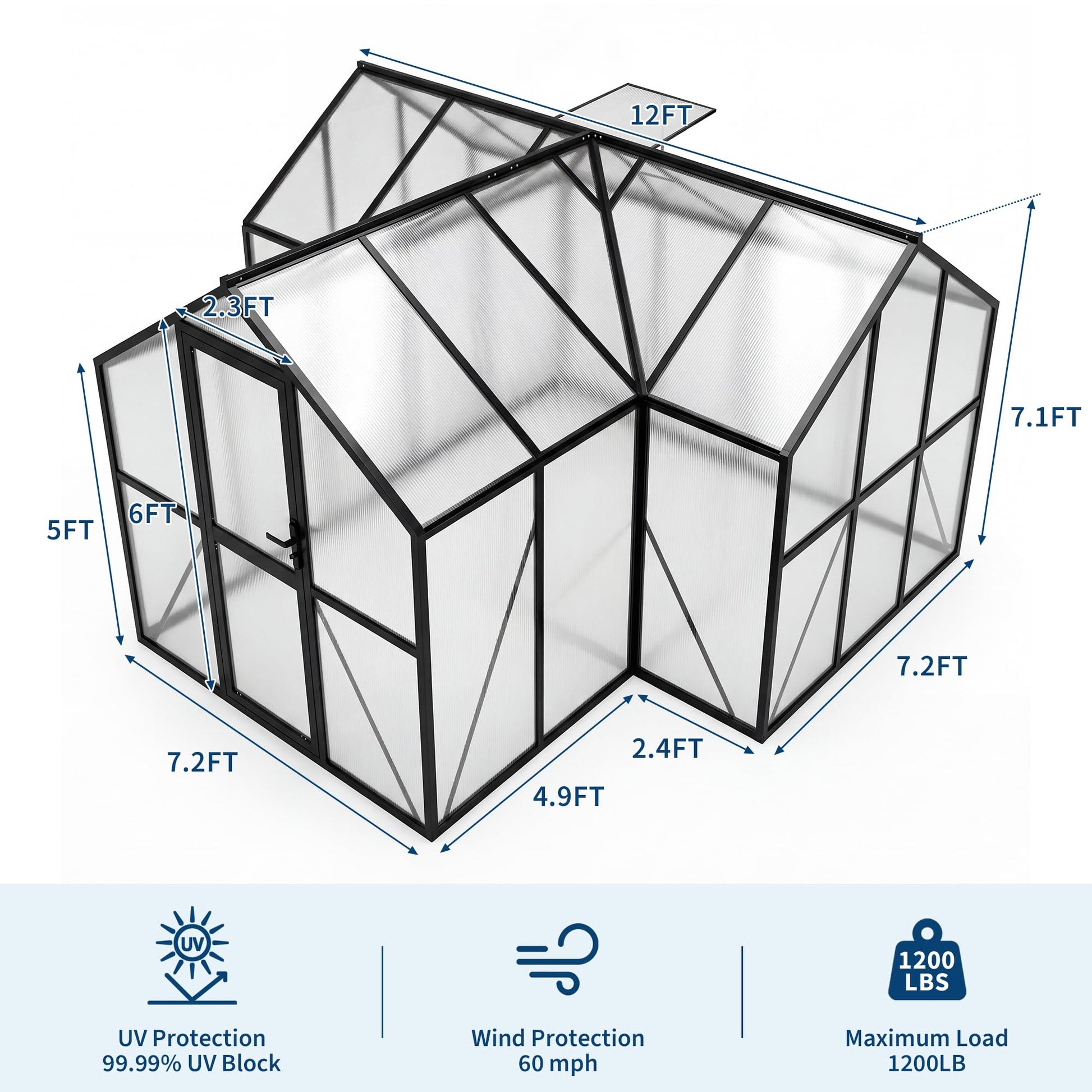 Greenhouse dimensions with UV protection wind protection and load details