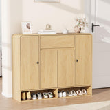 Garvee Freestanding Wooden Shoe Cabinet – 4 Doors & 1 Drawer – Modern Entryway Organizer with Open Bottom Shelf, Semi-Circular Rounded Corners, Large Capacity Hallway Storage – Natural Wood Color - Natural Wood Color