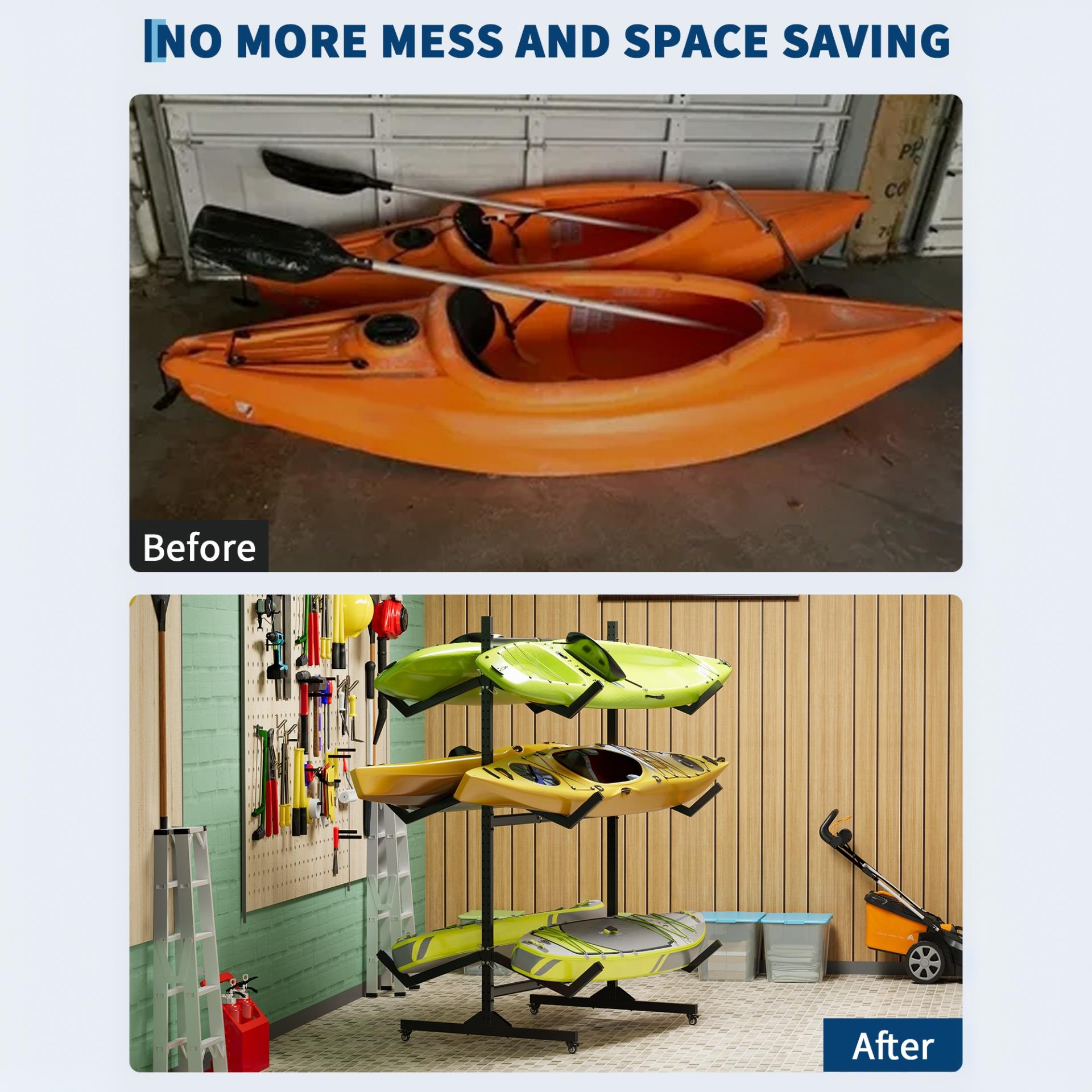 Space-saving kayak storage rack with movable lockable wheels