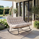 Garvee Double Papasan Patio Rocking Chair – Heavy Duty Rattan Frame Supports 700 lbs – Thick UV-Proof Water & Weather-Resistant Cushion – Indoor Outdoor Rocker – Yellow Rattan + Gray Cushion, Double - Yellow Rattan + Gray Cushion | With Pocket | Double