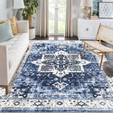 Garvee Vintage Washable Runner Rug - Low Pile, Non-Slip, Non-Shedding, Distressed Oriental Design - Living Room, Bedroom, Dining Room, Home Office - Blue Tint, 8x10ft (244x305cm), USA - Blue Tint