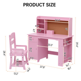 Garvee Kids Desk and Chair Set, Wooden Study Table with Storage Shelf, Bulletin Board, Pink, 40"x36"x18" - Pink