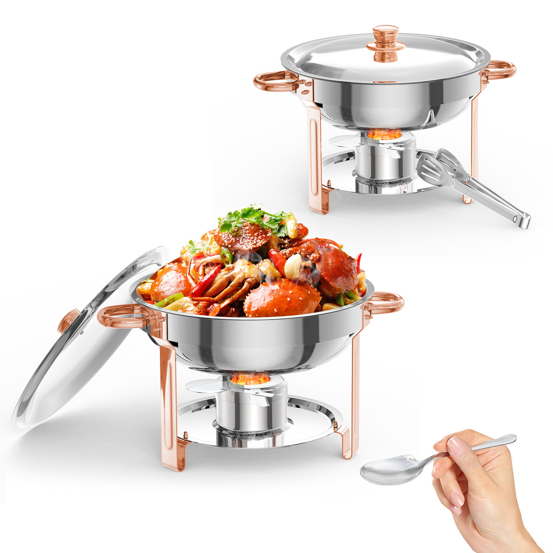 Garvee 5QT Round Chafing Dish Buffet Set (2 Pack) - Stainless Steel Food Warmers with Lid Holder, Spoon, and Tweezers, Rose Gold Finish, Perfect for Parties, Weddings, Events, and Banquets