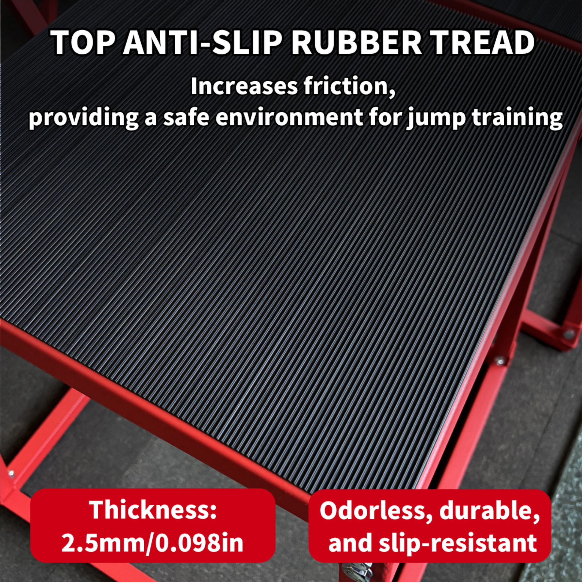 Anti-slip rubber tread on plyometric jump box top