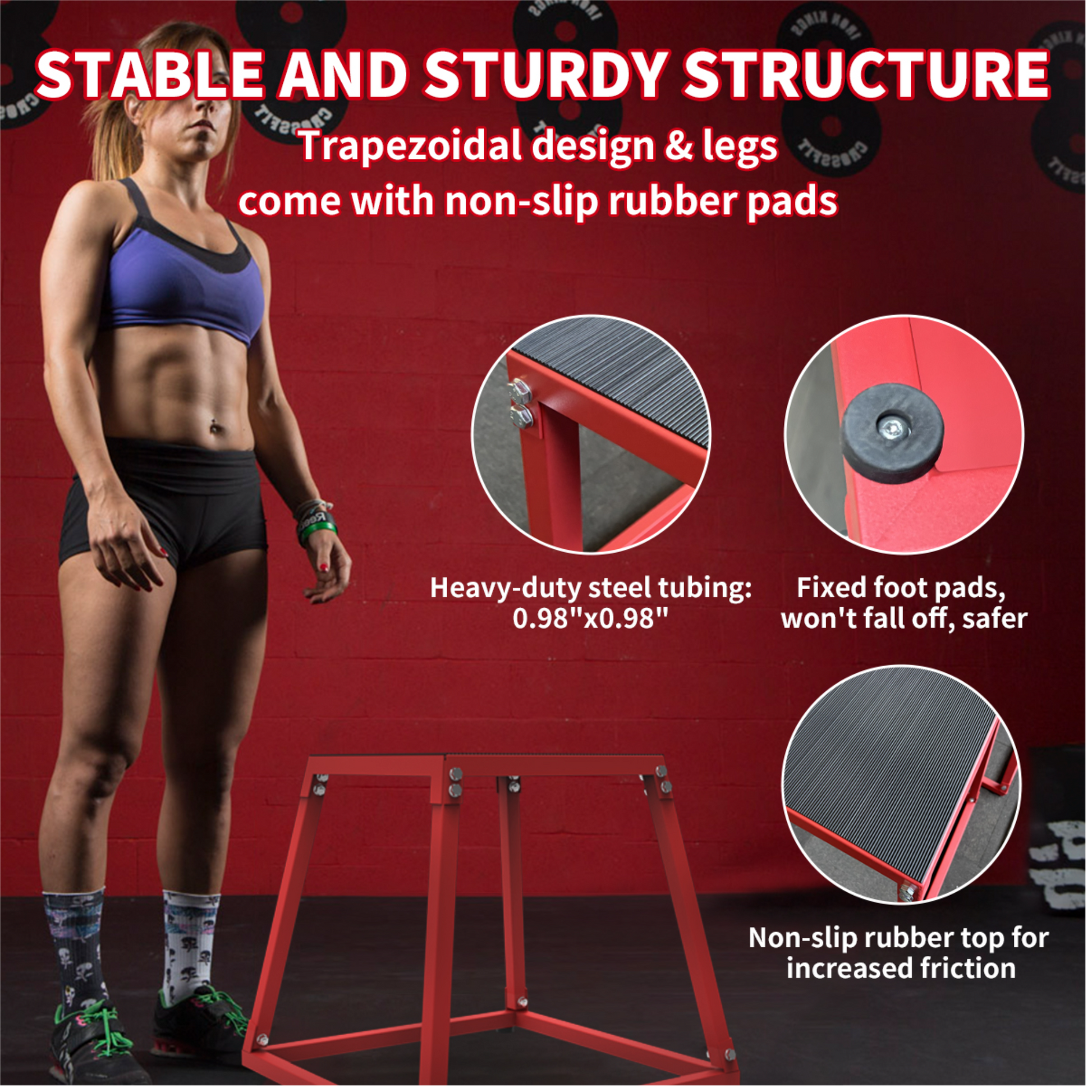 Stable steel plyometric jump box with trapezoidal base
