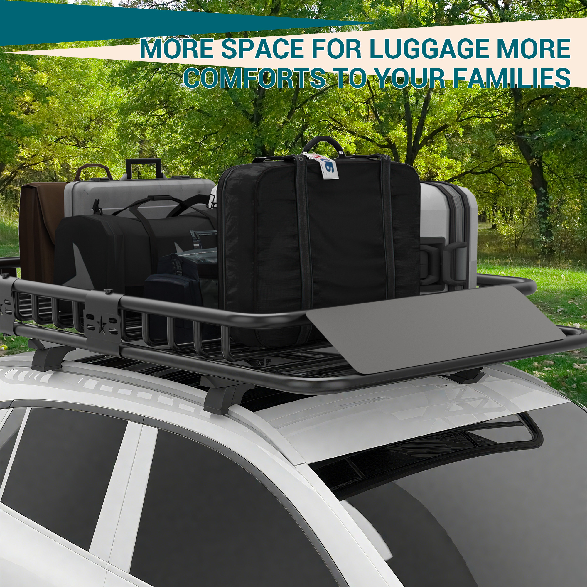 Garvee 64 by 39 inch rooftop cargo carrier basket loaded with luggage
