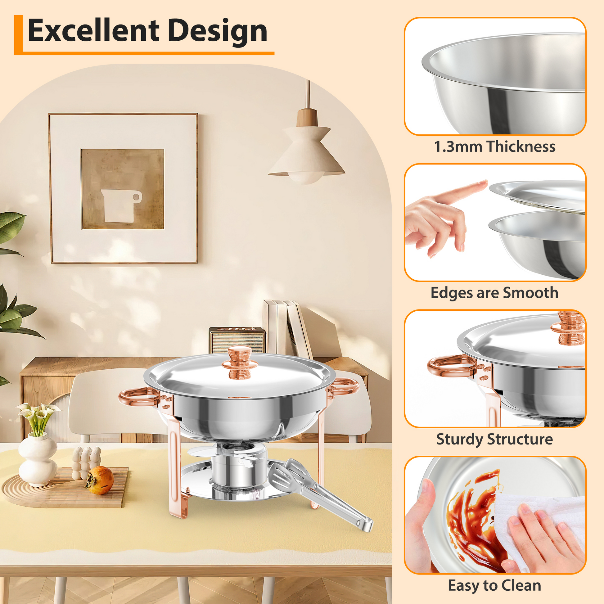 Garvee 5QT Round Chafing Dish Buffet Set (4 Pack) - Stainless Steel Food Warmers with Lid Holder, Spoon, and Tweezers, Rose Gold Finish, Ideal for Parties, Weddings, Events, and Banquets