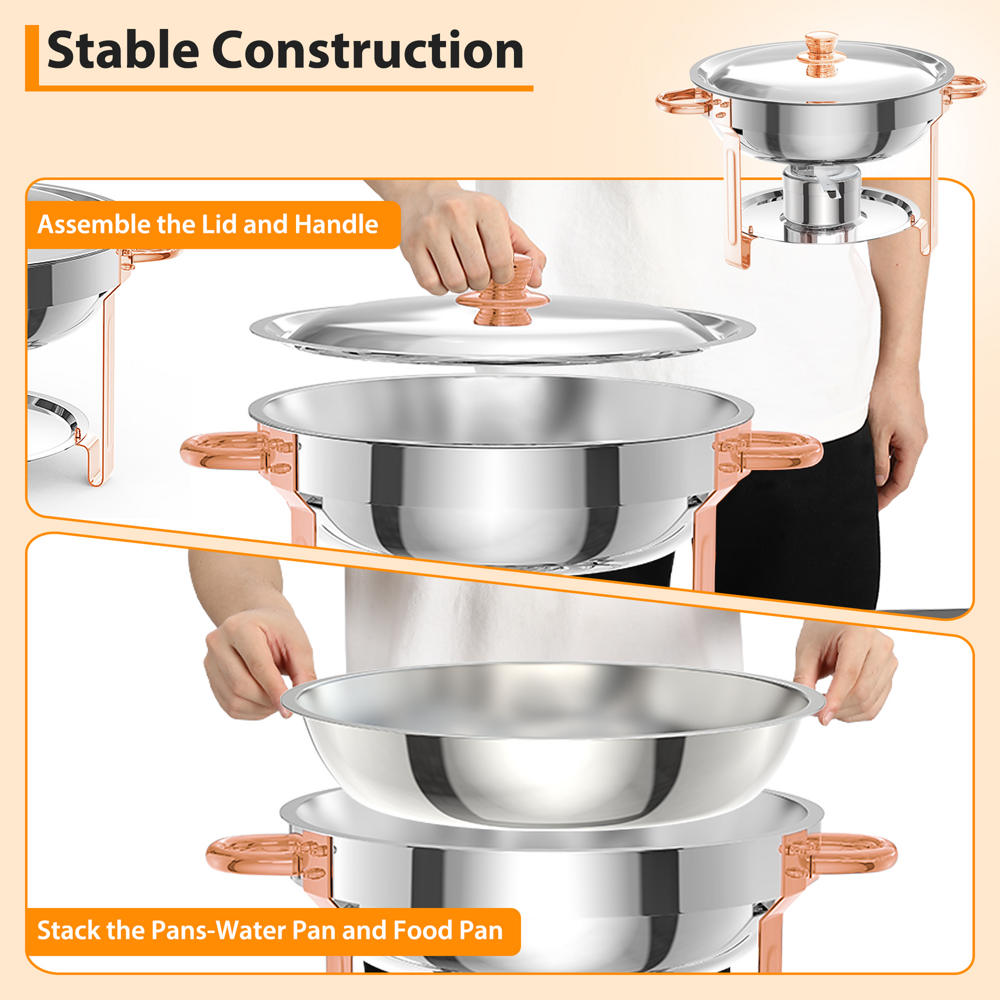 Stackable pans and simple assembly for stable construction
