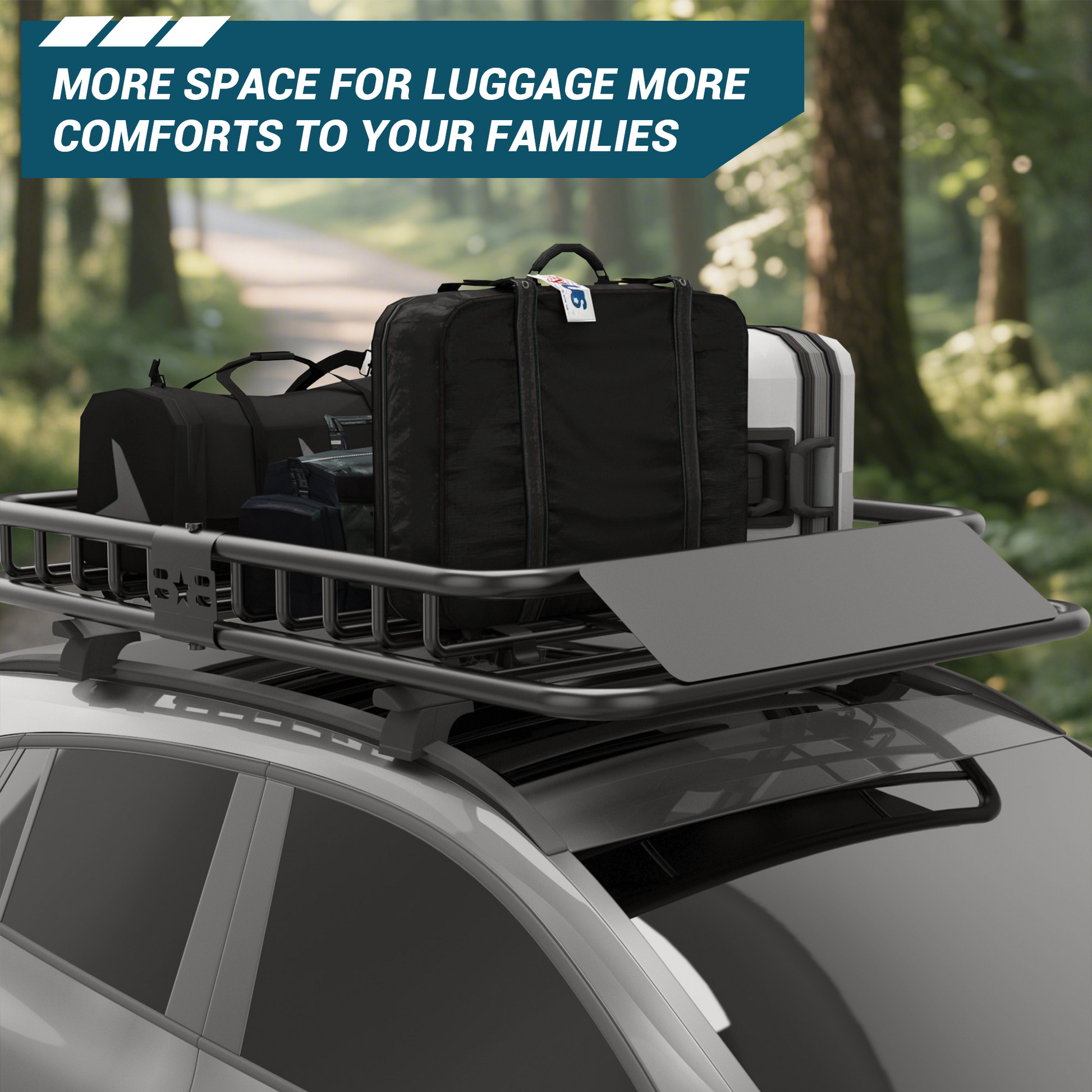 Garvee roof rack basket loaded with travel luggage