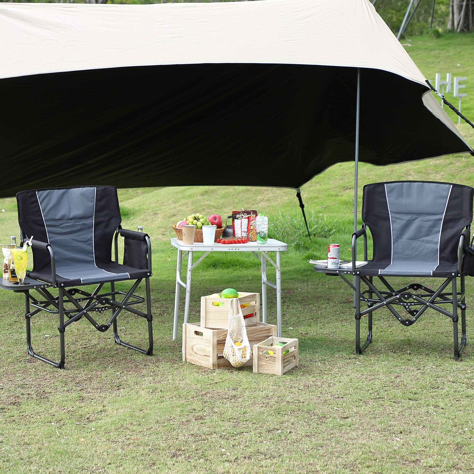 EVER ADVANCED Camping Director's Chair With Side Table | Portable Folding Chair | 400lb Capacity | Black