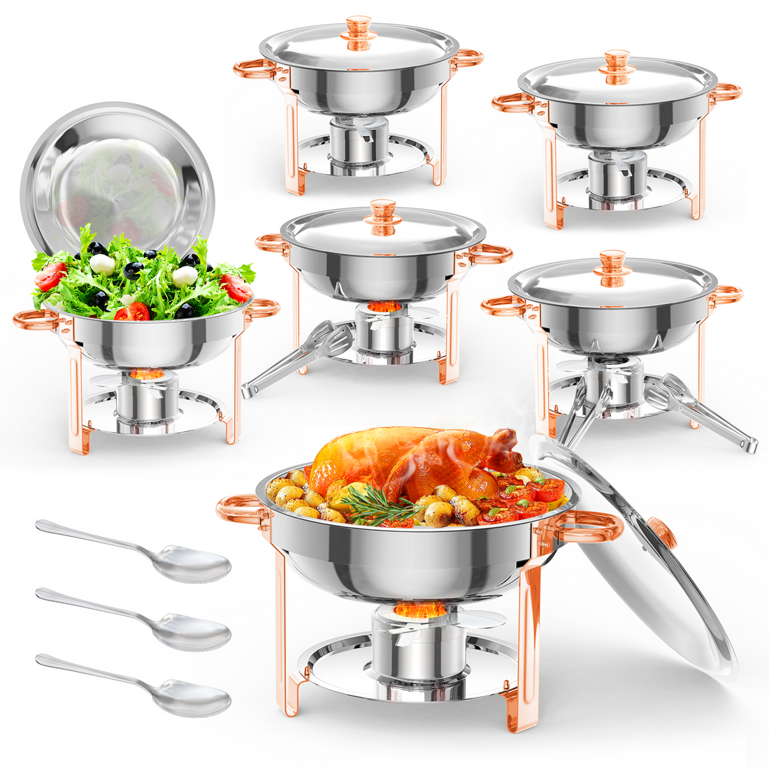Garvee 5QT Round Chafing Dish Buffet Set (6 Pack) - Rose Gold Stainless Steel Food Warmers with Lid Holder, Spoon, and Tweezers, Perfect for Parties, Weddings, Events, and Banquets