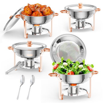 Garvee 5QT Round Chafing Dish Buffet Set (4 Pack) - Stainless Steel Food Warmers with Lid Holder, Spoon, and Tweezers, Rose Gold Finish, Ideal for Parties, Weddings, Events, and Banquets
